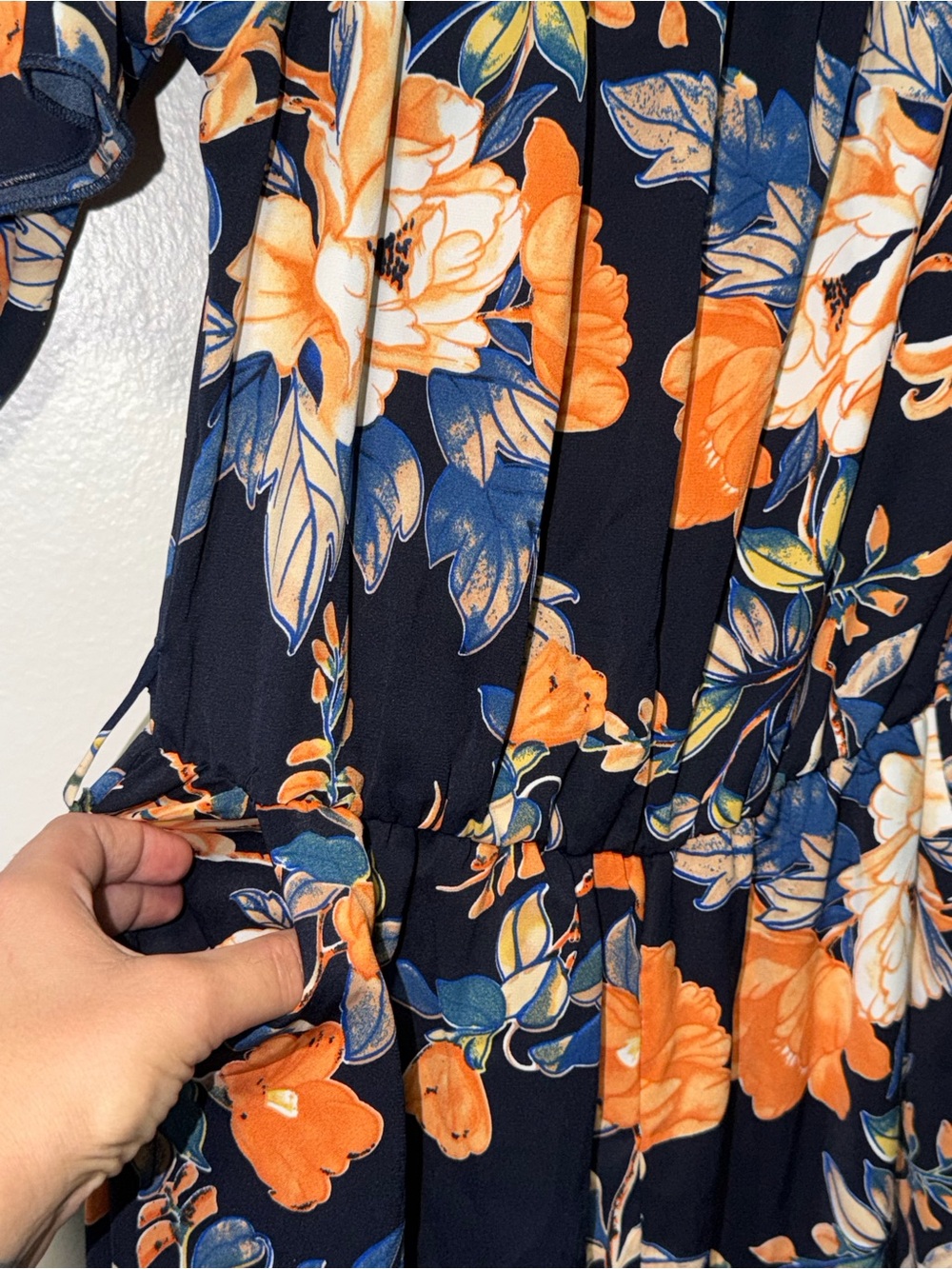 SHEIN Navy Floral Off-Shoulder Jumpsuit with Orange Blooms - Picture 4 of 8